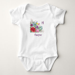 H Harper Personalize Letter Name, Rose Flowers Baby Bodysuit