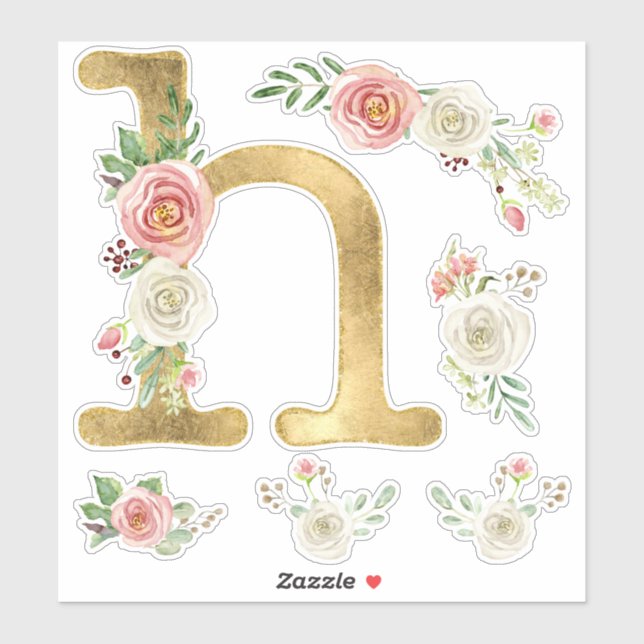H Letter Gold Blush Rose Floral Foliage Watercolor (Sheet)