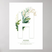 H Letter Monogram Gold Greenery Foliage Chic