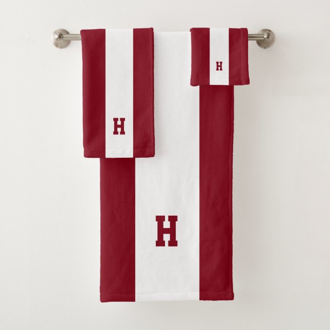 H Monogram on Crimson & White Striped Bath Towel Set (Insitu)