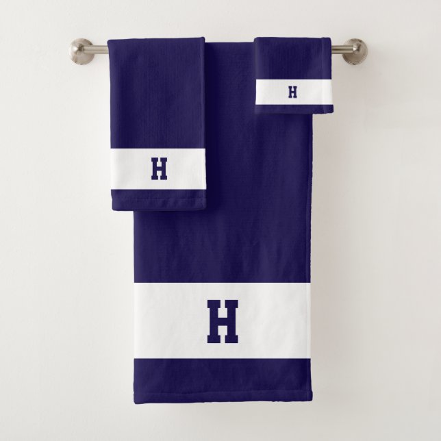 H Monogram on Navy Blue & White Bath Towel Set (Insitu)