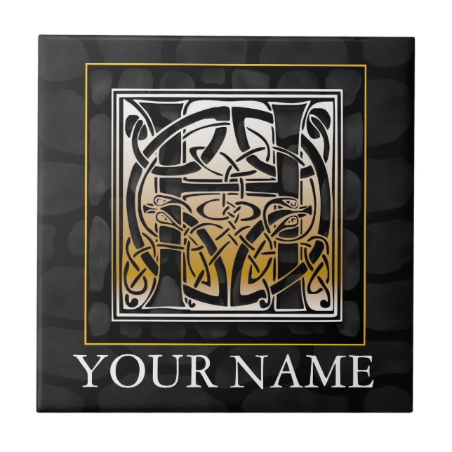 H "Your Name" Celtic Black Stone Monogram Tile (Front)