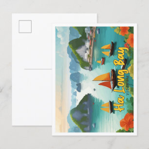 Ha Long Bay Vietnam Vintage Travel Illustration Postcard