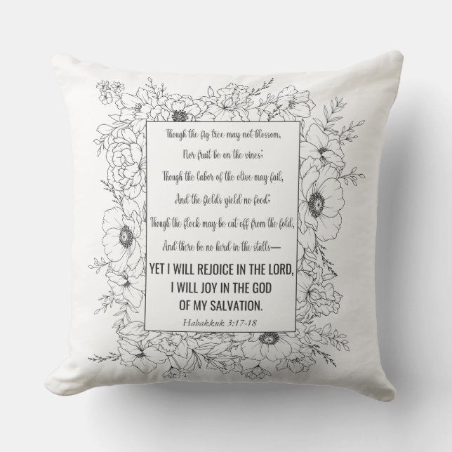 Habakkuk 3:17-18 Bible Verse Floral Line Art Cushion (Front)