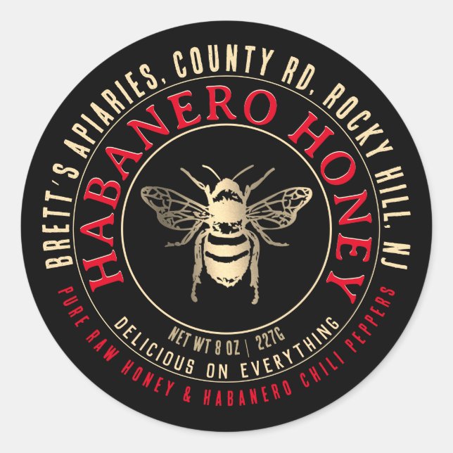 Habanero Honey Hot Raw Honey with Gold Bee  Classic Round Sticker (Front)