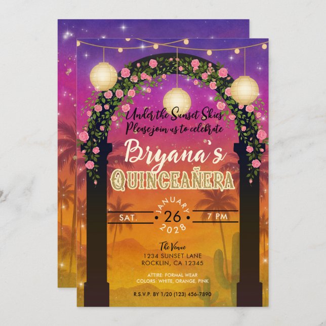 Hacienda Sunset Floral Arch 15th Quinceañera  Invitation (Front/Back)