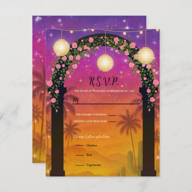 Hacienda Sunset Floral Arch 15th Quinceañera RSVP Invitation (Front/Back)