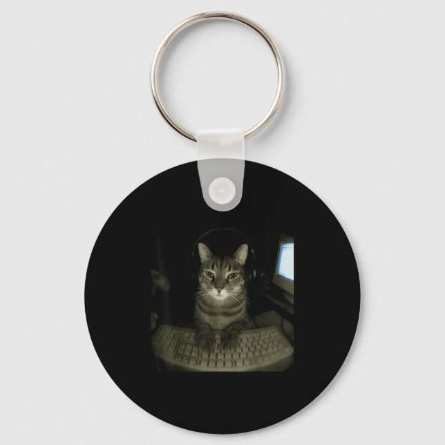 Hacker Cat Meme Funny Computer Cat Kitten Gamer Ca Key Ring (Front)