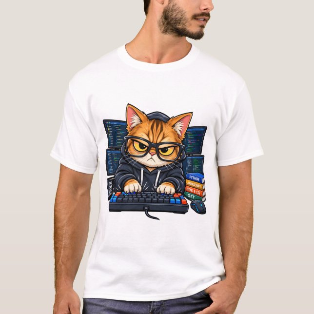 Hacker Coder Cat Developer Funny Tech Gift T-Shirt (Front)