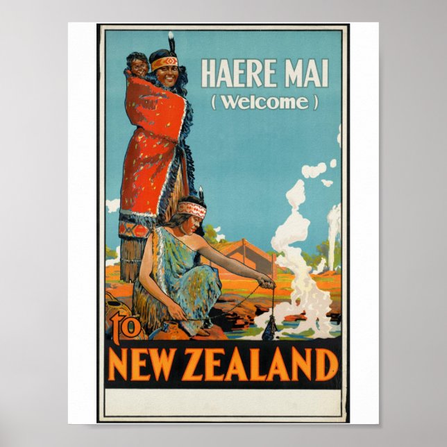 Haere Mai New Zealand Vintage Travel Poster (Front)