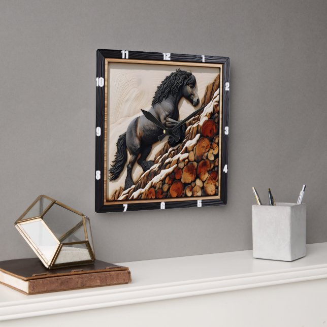 Haflinger Climb: Wood Art Custom Hue Square Wall Clock (Office)