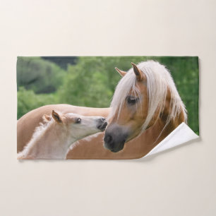 Haflinger Cute Horses Foal and Mum Cuddling Kiss . Bath Towel Set