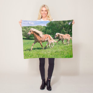 Haflinger Horses with Cute Foals Run Funny Photo / Fleece Blanket