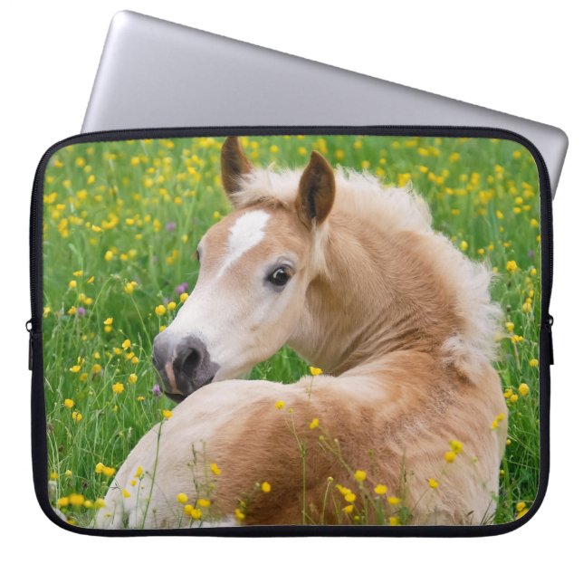 Haflinger Pony Horse Cute Foal in Flowerbed Photo Laptop Sleeve (Front)