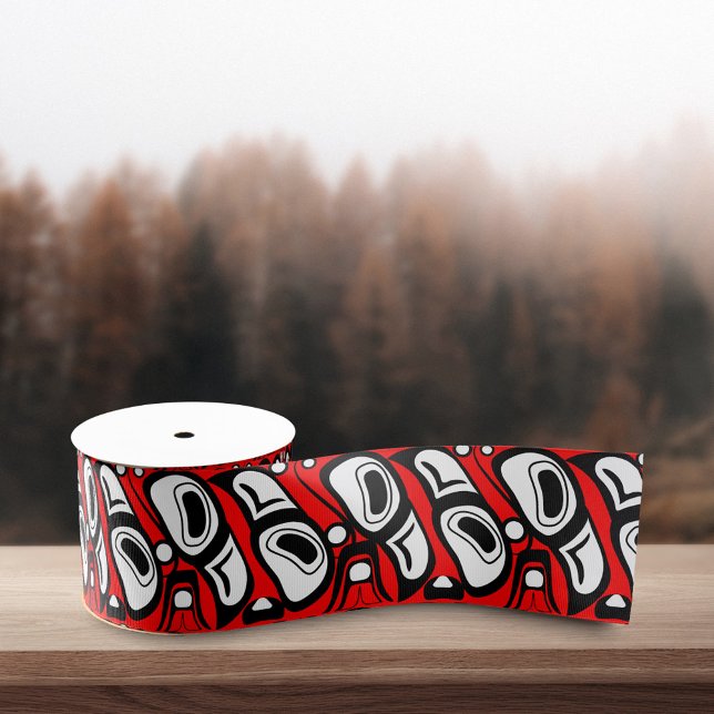 Haida Eagle Thunderbird Red Black Pattern Grosgrain Ribbon (Creator Uploaded)