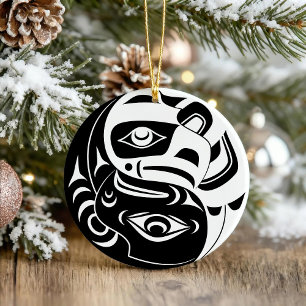 Haida Thunderbird Black And White Eagle Circle Ceramic Tree Decoration