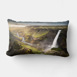 Haifoss Waterfall   Summer in Iceland Lumbar Cushion