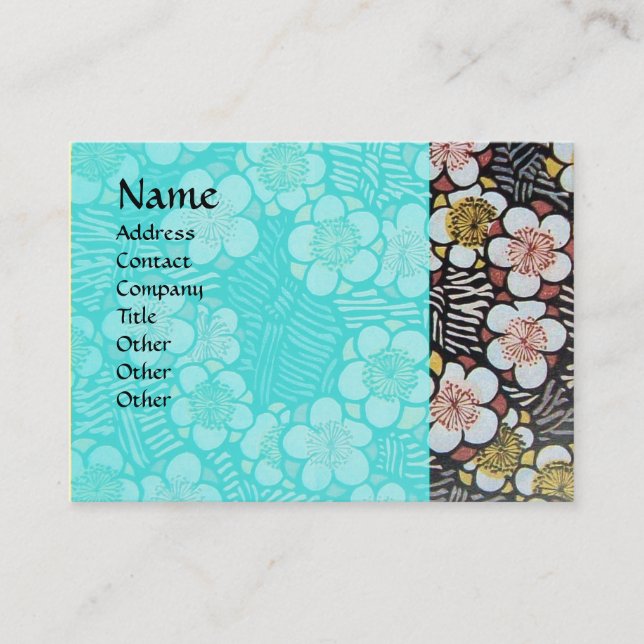 HAIKU / BLACK WHITE BLUE TURQUOISE SPRING FLOWERS BUSINESS CARD (Front)