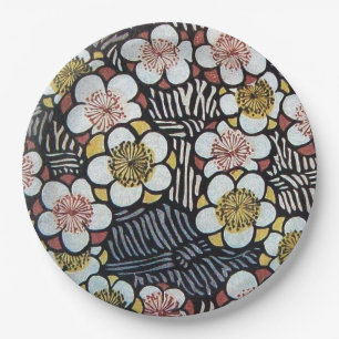 HAIKU/ BLACK WHITE PINK YELLOW SPRING FLOWERS PAPER PLATE