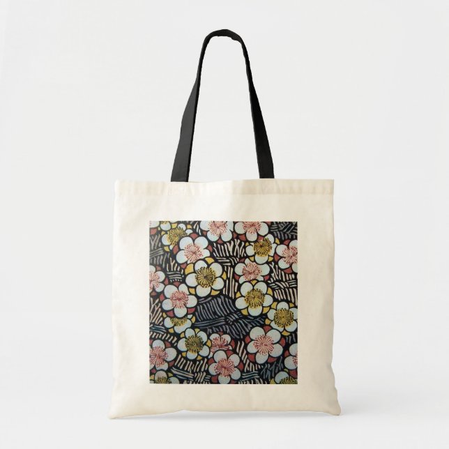 HAIKU/ BLACK WHITE PINK YELLOW SPRING FLOWERS TOTE BAG (Front)