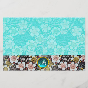 HAIKU/BLACK WHITE SPRING FLOWERS BLUE GEM MONOGRAM STATIONERY