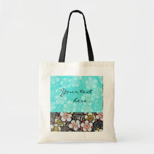 HAIKU/ BLACK WHITE TEAL BLUE SPRING FLOWERS TOTE BAG