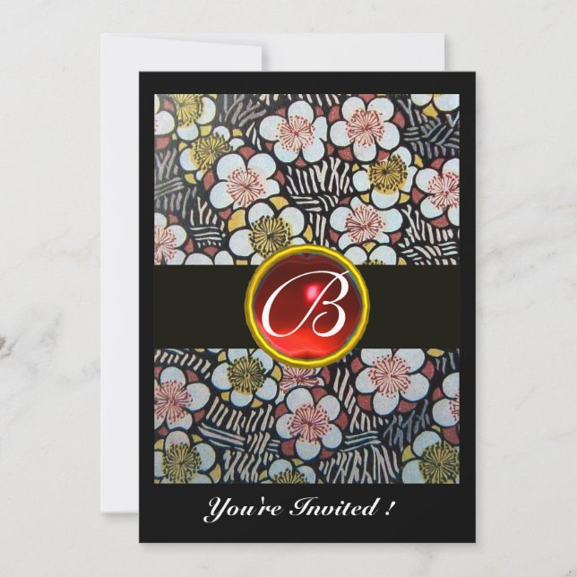 HAIKU RED RUBY MONOGRAM white brown black Invitation (Front)