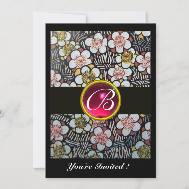 HAIKU/SPRING FLOWERS, PINK FUCHSIA RUBY MONOGRAM INVITATION (Front)