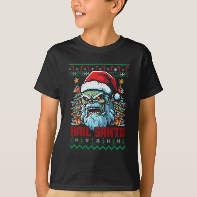 Hail Santa Heavy Metal Headbanger Ugly Christmas X T-Shirt (Front)