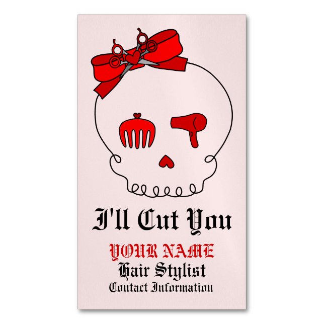 Hair Accessory Skull (Bow Detail Red w/ Text 4) Magnetic Business Card (Front Vertical)