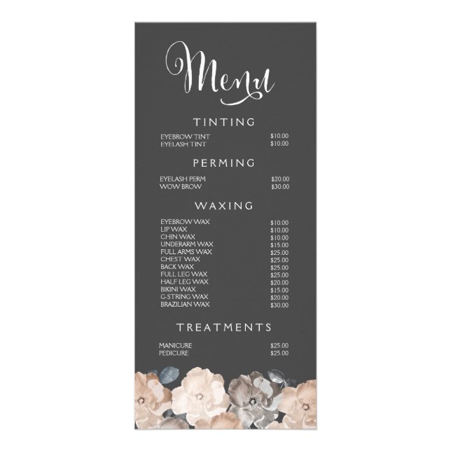 Hair Beauty Salon Beautician Menu Price List (Front)