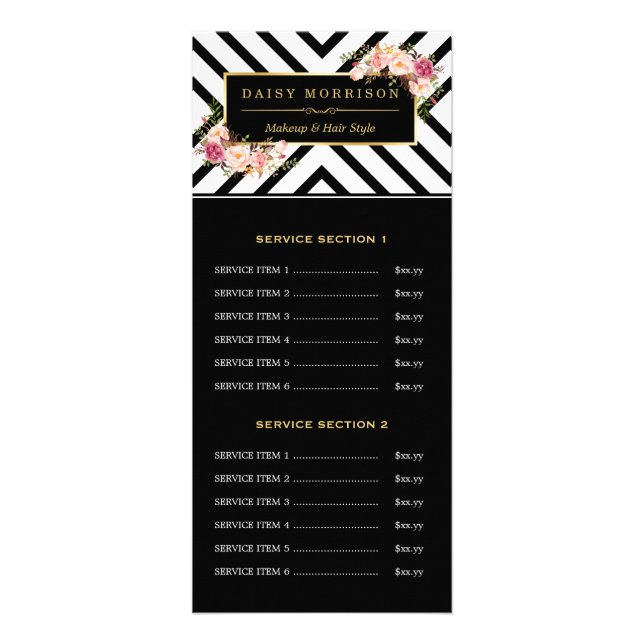 Hair Beauty Salon Gold Floral Stripes Price List Rack Card (Front)