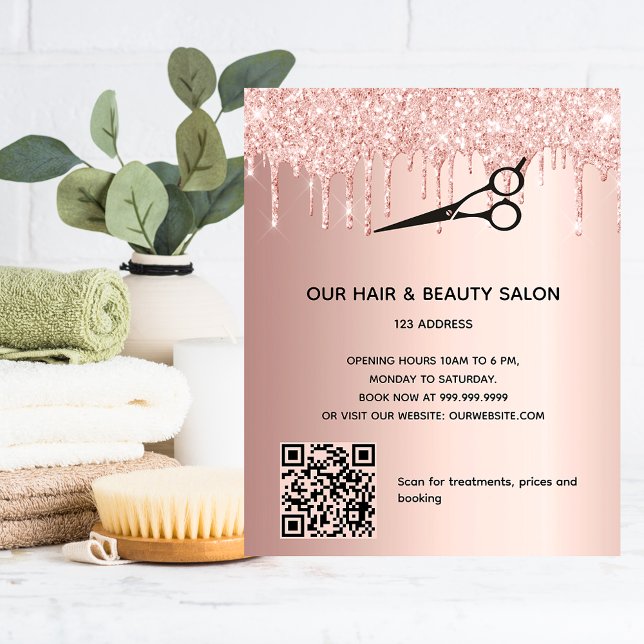 Hair beauty salon rose gold glitter price QR code  Flyer (Creator Uploaded)