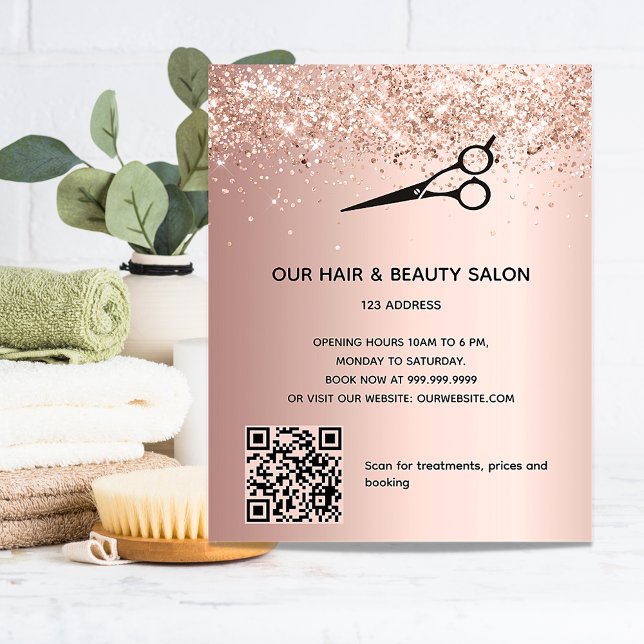 Hair beauty salon rose gold glitter price QR code Flyer (Creator Uploaded)