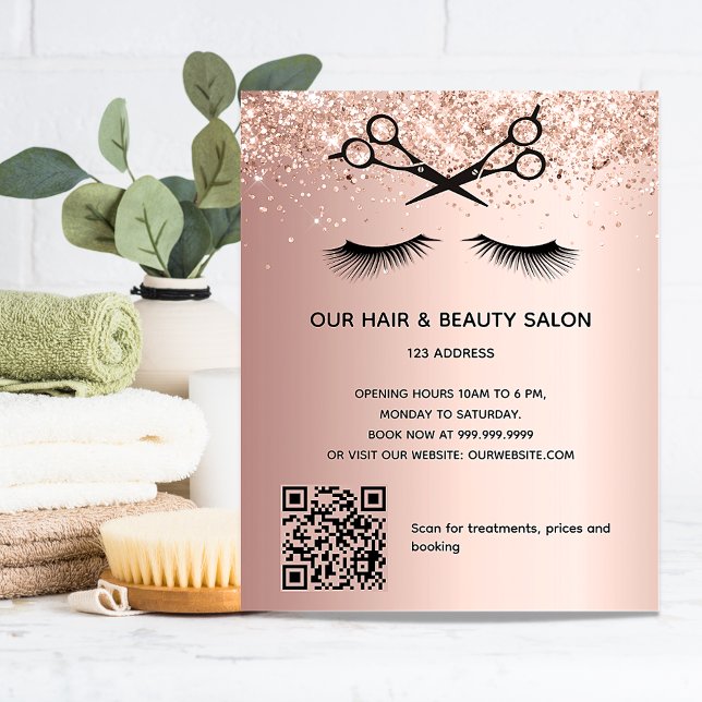 Hair beauty salon rose gold glitter QR code Flyer (Creator Uploaded)