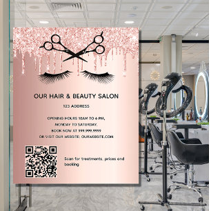 Hair beauty salon rose gold glitter QR code Flyer