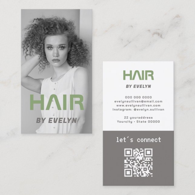 Hair Black White Photo QR Code Business Card (Front/Back)