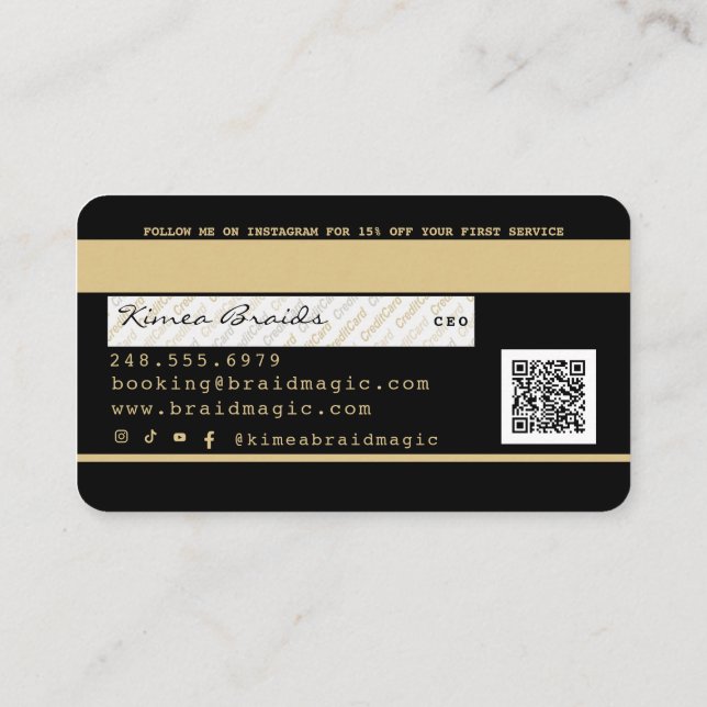 Hair Braider Braiding Salon Black & Gold Credit Bu Business Card (Back)
