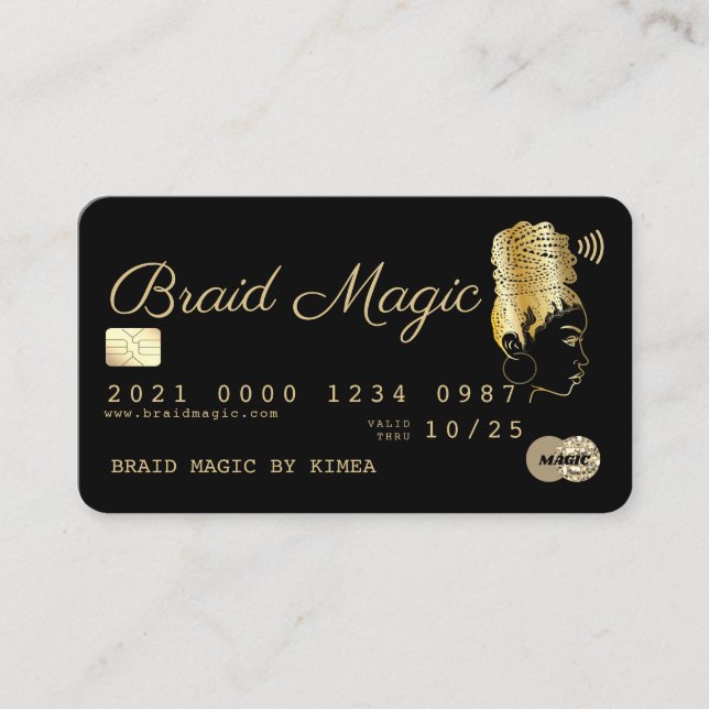 Hair Braider Braiding Salon Black & Gold Credit Bu Business Card (Front)