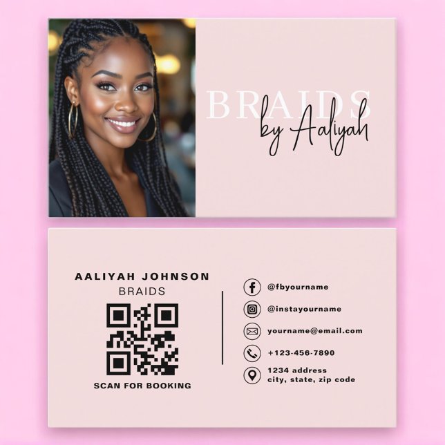 Hair Braider Business Card with Photo and QR Code (Creator Uploaded)