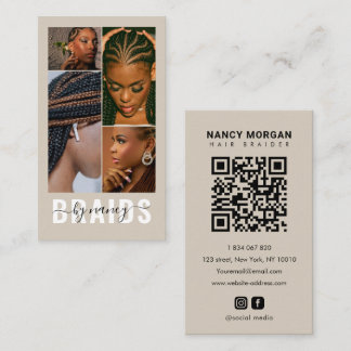 Hair Braider Typography 4 Photo QR Code Beige Business Card