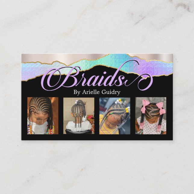 Hair Braiding Braid Stylist Add Photos Holographic Business Card (Front)