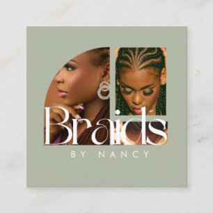 Hair Braiding Photo Collage Sage Green  Square Business Card