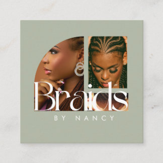 Hair Braiding Photo Collage Sage Green  Square Business Card