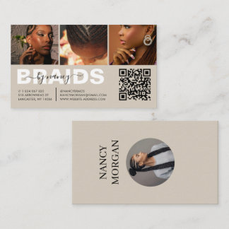 Hair Braiding Script Photo Collage QR Code Beige Business Card