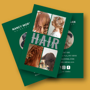 Hair Calligraphy Script 4 Photo Grid Emerald Green Business Card