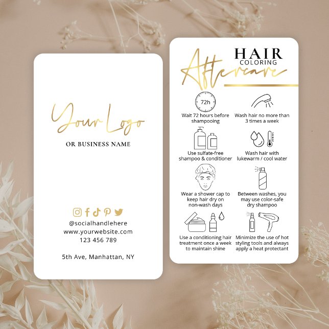 Hair Colour Aftercare Guide Faux Gold Hairstylist Business Card (Hair color aftercare cards in white and faux gold with hair care icons and space for your logo)
