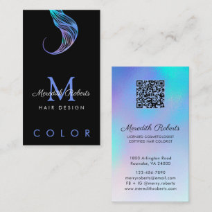 Hair Colourist Stylist Opal Black QR Code Monogram Business Card