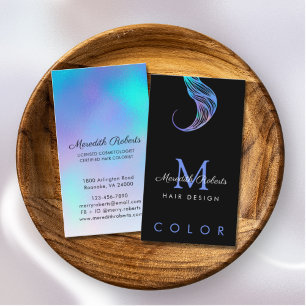 Hair Colourist Stylist Opal Blue on Black Monogram Business Card