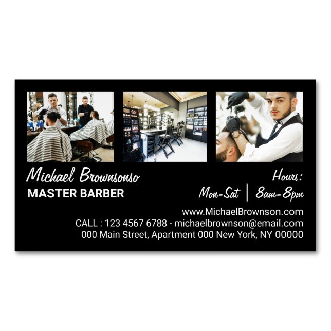 Hair Cut Salon with Three Custom Photo Barber Magnetic Business Card (Front)